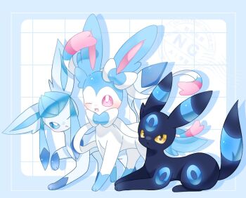 Rule 34 | alternate color, animal focus, black eyes, blue eyes, closed mouth, colored sclera, commentary, gen 2 pokemon, gen 4 pokemon, gen 6 pokemon, glaceon, glowing, looking at viewer, lying, nintendo, no humans, one eye closed, open mouth, pink eyes, pokemon, pokemon (creature), pokemon focus, shadow, shiny pokemon, shiu 224, smile, sylveon, symbol-only commentary, umbreon, yellow sclera