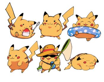 Rule 34 | :3, arms up, black eyes, closed eyes, closed mouth, commentary request, ears through headwear, fat pikachu, food, full body, gen 1 pokemon, hands on own cheeks, hands on own face, hat, highres, holding, holding spoon, multiple views, nintendo, no humans, open mouth, pikachu, pokemon, pokemon (creature), pokemon focus, shaved ice, simple background, spoon, straw hat, swim ring, tail, white background, yellow fur, zuxu zz