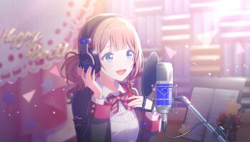 1girl :d black_jacket blue_eyes blurry blurry_background blush bow bowtie brown_hair closed_mouth collared_shirt colorful_palette game_cg happy_birthday headphones highres jacket light_particles microphone mochizuki_honami official_art open_mouth project_sekai red_bow red_bowtie shirt side_ponytail smile solo star_(symbol) striped_bow striped_bowtie striped_clothes studio_microphone third-party_source tongue triangle white_shirt