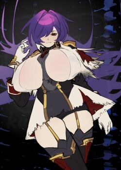 alternate_breast_size_(larger) armor azur_lane cleavage_cutout clothing_cutout garter_straps gloves long_hair looking_at_viewer necktie non-web_source purple_hair red_eyes short_shorts shorts shoulder_armor shy-bear sleeve_cuffs thighhighs trento_(azur_lane) trento_(meta)_(azur_lane) white_gloves