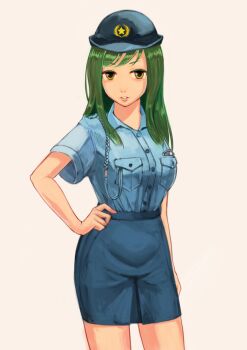 1girl blue_shirt breasts commentary_request female_service_cap girlfriend_(kari) green_hair hand_on_own_hip hat kokonoe_shinobu kourasu_(landsis) long_hair looking_at_viewer medium_breasts pocket police police_hat police_uniform policewoman shirt simple_background solo white_background