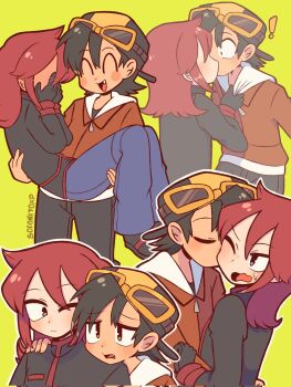 ! 2boys backwards_hat baseball_cap black_gloves black_hat blue_pants blush carrying closed_mouth corrupted_twitter_file dark-skinned_male dark_skin denim ethan_(pokemon) fang gloves goggles goggles_on_headwear green_background grey_eyes hat highres jacket jeans kiss kissing_cheek long_hair long_sleeves multicolored_hat multiple_boys nintendo one_eye_closed open_mouth pants pokemon pokemon_adventures princess_carry red_hair red_jacket silver_(pokemon) simple_background smile sofo_soup yaoi yellow_hat zipper_pull_tab