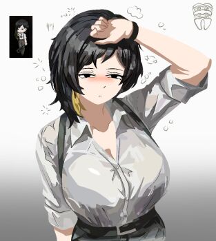 1girl alternate_hairstyle armband belt binah_(project_moon) black_eyes black_hair breasts cleavage collared_shirt commentary cowboy_shot english_commentary gradient_background hand_on_own_head hangover large_breasts library_of_ruina multicolored_hair official_alternate_costume olga_(project_moon) pants paulcamadonnas project_moon shirt solo suspenders white_shirt