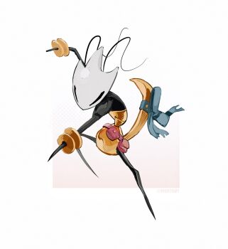 1girl arm_up arthropod_girl artist_name blue_bow border bow bracelet brown_background chinese_commentary commentary_request film_grain full_body gold_bracelet gradient_background halftone halftone_background highres hightguy hollow_eyes hollow_knight hollow_knight:_silksong jewelry looking_ahead no_mouth outside_border outstretched_arm shakra_(hollow_knight) simple_background solo standing tail tail_bow tail_ornament white_background white_border white_mask