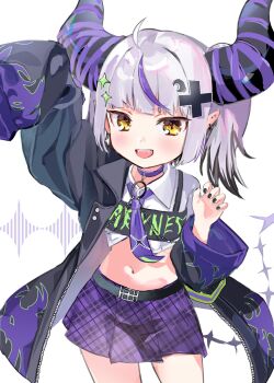 1girl :d absurdres ahoge arm_up belt belt_buckle black_belt black_horns black_jacket black_nails black_streaks blush buckle buttons choker claw_pose clothes_writing collared_shirt commentary cowboy_shot crescent crescent_hair_ornament cropped_shirt cross_hair_ornament curled_horns demon_girl demon_horns demon_tail dot_nose ear_piercing fangs fingernails flame_print hair_ornament hand_up highres hololive horns jacket la+_darknesss la+_darknesss_(casual) lapels large_horns looking_at_viewer medium_hair midriff miniskirt multicolored_hair multiple_piercings nail_polish navel necktie notched_lapels o-ring open_clothes open_jacket open_mouth paper_080 piercing plaid_clothes plaid_skirt pointy_ears print_jacket purple_choker purple_necktie purple_skirt purple_streaks shirt sidelocks simple_background single_off_shoulder single_sleeve_past_fingers skirt smile solo sparkle_hair_ornament standing streaked_hair striped_horns tail twintails unmoving_pattern untranslatable_commentary unzipped v-shaped_eyebrows virtual_youtuber white_background white_hair white_shirt wing_collar yellow_eyes zipper