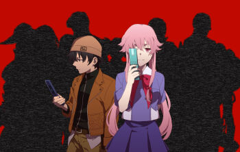 1boy 1girl amano_yukiteru bad_id bad_pixiv_id beanie cellphone detteyu gasai_yuno hat highres long_hair mirai_nikki phone pink_eyes pink_hair red_background school_uniform silhouette simple_background static twintails