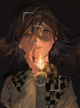Rule 34 | 1boy, black hair, candle, candle wax, candlelight, checkered clothes, checkered scarf, commentary request, danganronpa (series), danganronpa v3: killing harmony, dark background, flipped hair, gahagahay526, hair between eyes, hand up, long sleeves, looking at viewer, male focus, music, oma kokichi, open mouth, purple eyes, ringed eyes, scarf, short hair, singing, solo, translation request, two-tone scarf, upper body