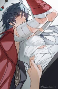 1boy ahoge bandaged_chest bandaged_torso beads blade_(elation)_(honkai:_star_rail) blade_(honkai:_star_rail) blue_hair commentary_request gradient_hair honkai:_star_rail honkai_(series) jacket long_hair lying multicolored_hair nervous pants red_eyes red_jacket restrained shike_(i_am_morafeti) toned toned_male unworn_jacket very_long_hair