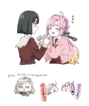 3girls :d =_= ^_^ anyoji_hime aqua_neckerchief blush_stickers brown_dress ceras_yanagida_lilienfeld closed_eyes colored_speech_bubble commentary dress grabbing_another&#039;s_hand green_eyes hasu_no_sora_school_uniform highres hood hooded_jacket jacket jitome link!_like!_love_live! long_sleeves looking_at_another love_live! momose_ginko moso_(expect66) multiple_girls multiple_views neckerchief open_clothes open_jacket open_mouth partially_translated pink_jacket profile sailor_collar sailor_dress school_uniform simple_background smile speech_bubble thick_eyebrows thumbs_up translation_request v-shaped_eyebrows virtual_youtuber white_background white_sailor_collar winter_uniform yellow_neckerchief |_|