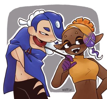 2girls animal_ears bare_arms bare_shoulders black_eyes black_pants blonde_hair blue_hair blue_shawl boffix breasts clothing_cutout collar collar_tug collarbone crop_top crossed_arms dark-skinned_female dark_skin eyelashes eyeliner fangs food-themed_hair_ornament frown frye_(splatoon) gradient_hair hair_ornament hair_over_one_eye hairband hand_on_own_hip highres inkling long_hair looking_at_another looking_to_the_side makeup medium_breasts midriff mole mole_on_forehead multicolored_hair multiple_girls navel nintendo octoling open_mouth outline pants pointy_ears purple_hair red_eyeliner shawl sheep_ears shiver_(splatoon) short_eyebrows smile splatoon_(series) splatoon_3 suction_cups tentacle_hair thick_eyebrows thigh_cutout two-tone_background wavy_hair white_hairband white_outline x_hair_ornament yuri