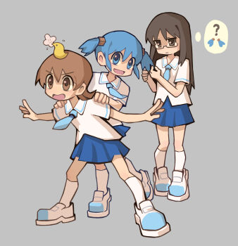 3girls ? aioi_yuuko animal animal_on_head bird bird_on_head black-framed_eyewear black_eyes black_hair blue_eyes blue_hair blue_necktie blue_shirt brown_eyes brown_hair closed_mouth collared_shirt commentary cube_hair_ornament double-parted_bangs glasses grey_background hair_between_eyes hair_ornament hands_on_another's_shoulders highres long_hair looking_at_viewer minakami_mai mogura_(nichijou) multiple_girls naganohara_mio necktie nichijou on_head open_mouth outstretched_arms school_uniform semi-rimless_eyewear shirt shoes short_hair short_sleeves short_twintails simple_background smile socks speech_bubble spoken_question_mark symbol-only_commentary thought_bubble tokisadame_school_uniform twintails under-rim_eyewear white_shirt white_shoes white_socks yihe_mi