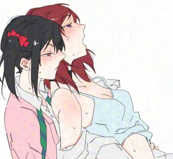 2girls adversarial_noise black_hair blue_camisole blush bow bowtie camisole cardigan collared_shirt commentary hair_bow hashtag-only_commentary highres love_live! love_live!_school_idol_project medium_hair multiple_girls nishikino_maki open_mouth parted_lips pink_cardigan purple_eyes red_bow red_eyes red_hair shirt simple_background surfacedxxc sweat twintails undone_bowtie white_background white_shirt yazawa_nico yuri