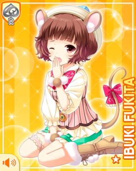 1girl animal_ears boots bow brown_dress brown_eyes brown_hair button card character_name dress fake_animal_ears fake_tail fukita_ibuki girlfriend_(kari) hat kneeling long_sleeves looking_at_viewer mouse_ears mouse_tail official_art one_eye_closed open_mouth qp:flapper red_bow short_hair skirt tail yellow_background