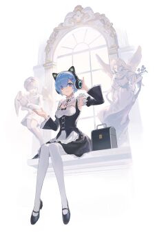 1girl absurdres adjusting_headphones angel_statue animal_ear_headphones animal_ears black_dress black_ribbon black_shoes black_sleeves blue_eyes blue_hair breasts case cat_ear_headphones cat_ears detached_collar detached_sleeves dress fake_animal_ears frilled_dress frills hair_ornament hair_over_one_eye hands_up headphones highres looking_at_viewer maid marble_(stone) mary_janes medium_breasts neck_ribbon pantyhose re:zero_kara_hajimeru_isekai_seikatsu rem_(re:zero) ribbon roswaal_mansion_maid_uniform ru_(famia) shoes short_hair sitting smile solo white_background white_pantyhose wide_sleeves window windowsill x_hair_ornament