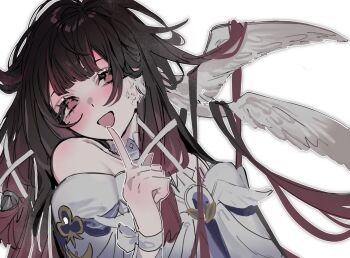 1girl angel_wings bare_shoulders black_hair choker columbina_(genshin_impact) commentary dress genshin_impact hair_ribbon hair_spread_out hand_up head_wings index_finger_raised koooooo63532680 long_hair looking_at_viewer low-tied_sidelocks multicolored_hair off-shoulder_dress off_shoulder open_mouth pink_eyes pink_hair pink_streaks portrait ribbon sidelocks simple_background solo streaked_hair two-tone_hair untranslatable_commentary unusually_open_eyes white_background white_choker white_dress white_wings wings wispy_bangs wrist_ribbon