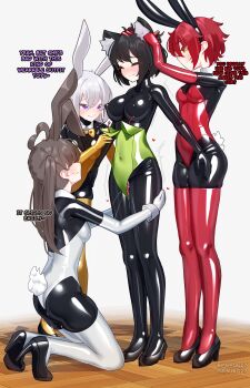 animal_costume animal_ears bdsm black_hair bodysuit bow bowtie brown_hair fake_animal_ears gloves green_eyes high_heels latex latex_bodysuit latex_gloves latex_leotard latex_thighhighs leotard living_clothes long_hair maguro27 mary_janes multiple_girls purple_eyes rabbit_costume rabbit_ears red_hair shoes short_hair tentacles tentacles_under_clothes thighhighs white_hair yellow_eyes