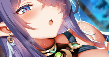 1girl bare_shoulders blue_eyes blue_nails cropped earrings genshin_impact hair_between_eyes hair_over_one_eye implied_paizuri jewelry lauma_(genshin_impact) light_blush long_hair mixed-language_commentary paid_reward_available pink_pupils pointy_ears purple_hair solo sweat takashia teeth upper_teeth_only