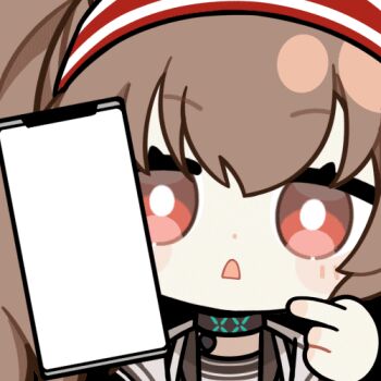 1girl angelina_(arknights) animated animated_gif arknights black_choker bright_pupils brown_hair cellphone chinese_commentary choker chunye_haruya close-up coat commentary_request copyright_name d: dot_nose hair_between_eyes hairband holding holding_phone infection_monitor_(arknights) loading_screen lowres material_growth open_clothes open_coat open_mouth oripathy_lesion_(arknights) phone red_eyes red_hairband smartphone solo striped_clothes striped_hairband transparent_background twintails two-tone_hairband white_coat white_pupils