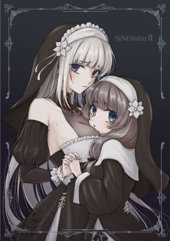 between_breasts black_dress black_veil blue_eyes breasts brown_hair cleavage commentary_request copyright_name dress face_between_breasts haanja_(sinisistar) hand_on_another's_waist head_between_breasts highres holding_hands large_breasts lelia_(sinisistar) long_hair looking_at_viewer nun nun_headdress purple_eyes sinisistar sinisistar_2 veil white_hair yomogi9949