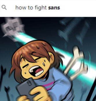 1other angusburgers battle bone colored_skin energy_beam frisk_(undertale) gasterblaster highres holding holding_phone phone search_bar sweatdrop undertale utdr_(toby_fox) yellow_skin