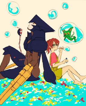 Rule 34 | 1boy, 1girl, 1other, asagi marin, barefoot, brigadoon, brown eyes, bubble, blowing bubbles, cat, green eyes, higure machiko, lolo (brigadoon), melan blue, overalls, pink shirt, ponytail, robot, shirt, sitting, yellow overalls