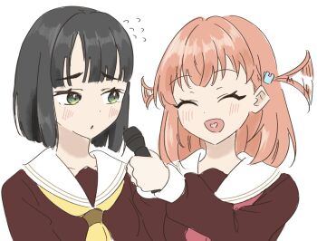 2girls ^_^ black_hair blunt_bangs blunt_ends blush brown_dress closed_eyes commentary_request crossed_bangs dress expressive_hair flying_sweatdrops green_eyes hair_ornament hasu_no_sora_school_uniform heart heart_in_mouth hinoshita_kaho holding holding_microphone interview link!_like!_love_live! llkapital long_sleeves looking_at_another love_live! medium_hair microphone momose_ginko multiple_girls neckerchief open_mouth orange_hair rabbit_hair_ornament red_neckerchief sailor_collar school_uniform short_hair simple_background two_side_up white_background white_sailor_collar winter_uniform yellow_neckerchief