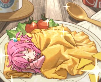 1girl blush bocchi_the_rock! cheese cherry_tomato closed_eyes commentary cube_hair_ornament food fork gibberish_commentary gotoh_hitori hair_ornament in_food lettuce long_hair lying mini_person minigirl myvia_mokols on_side one_side_up open_mouth pink_hair plate sleeping solo sparkle tomato twitter_username under_covers