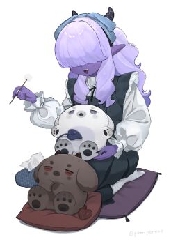 1girl absurdres black_dress black_horns blue_bow bow colored_skin commentary cushion dandelion demon_girl demon_tail dog dress flower frills hair_bow hair_over_eyes highres horns long_hair original pemiroro pointy_ears puffy_sleeves purple_hair purple_nails purple_skin seiza sharp_teeth simple_background sitting solo symbol-only_commentary tail teeth tissue_box upper_teeth_only white_background