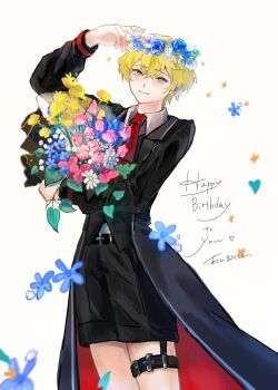 1boy asahi_uoxouusa black_suit blonde_hair blue_flower blush bouquet collared_shirt cowboy_shot english_text flower flower_wreath formal_clothes garter_straps hand_up happy_birthday highres holding holding_bouquet limbus_company looking_at_viewer male_focus necktie pink_flower project_moon red_necktie shirt short_hair sinclair_(project_moon) smile solo standing suit thigh_strap thighs white_flower white_shirt yellow_eyes yellow_flower