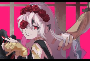 Rule 34 | 1boy, 1girl, askr (fire emblem), black dress, black lips, bride, commentary, dress, embla (closed-off bride) (fire emblem), embla (fire emblem), eyepatch, fire emblem, fire emblem heroes, flower, flower eyepatch, gloves, gold trim, grey hair, grin, hair flower, hair ornament, highres, leon0630claude, long hair, looking at viewer, nail polish, nintendo, official alternate costume, open mouth, own hands together, partially fingerless gloves, pink background, pointy ears, red eyes, red nails, smile, solo focus, upper body