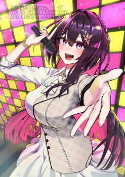 1girl :d alternate_breast_size_(larger) arched_back ascot asymmetrical_sidelocks azki_(4th_costume)_(hololive) azki_(hololive) beckoning bracelet braid brown_hair brown_jacket collared_dress colored_inner_hair double-parted_bangs dress gold_bracelet gradient_clothes gradient_dress hair_between_eyes hair_intakes hair_ornament hairclip half_up_braid hashtag-only_commentary highres holding holding_microphone hololive impossible_clothes impossible_dress jacket jewelry long_hair looking_at_viewer microphone mole mole_under_eye momokiji multicolored_hair official_alternate_costume open_mouth outstretched_arm pink_dress pink_hair pink_streaks purple_eyes reaching reaching_towards_viewer sidelocks smile solo stage streaked_hair teeth three-quarter_sleeves upper_teeth_only very_long_hair virtual_youtuber watermark white_ascot white_dress white_streaks