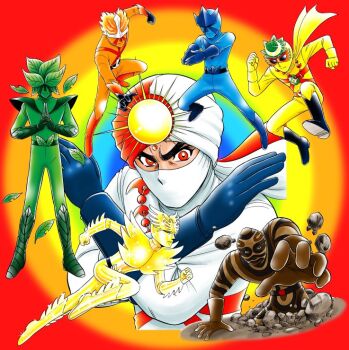 6+boys ai_no_senshi_rainbowman belt bindi black_belt black_boots black_gloves black_hair blue_bodysuit blue_gloves bodysuit boots brown_bodysuit brown_gloves crescent crescent_hat_ornament dirt falling_leaves gloves green_bodysuit green_boots green_gloves hashtag-only_commentary hat_ornament headpiece kuji-in leaf looking_at_viewer mask mouth_mask multiple_boys multiple_persona okano_takeshi orange_bodysuit own_hands_clasped own_hands_together partially_buried rainbowman rainbowman_(dash_1) rainbowman_(dash_2) rainbowman_(dash_3) rainbowman_(dash_4) rainbowman_(dash_5) rainbowman_(dash_6) rainbowman_(dash_7) red-framed_eyewear red_boots red_eyes red_scarf red_turban running scarf standing sun_hat_ornament sunglasses tokusatsu two-tone_scarf white_bodysuit white_scarf white_turban x_arms yamato_takeshi_(rainbowman) yellow_bodysuit yellow_boots yellow_gloves yellow_scarf