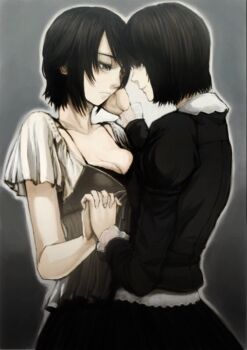 Rule 34 | 2girls, black hair, breasts, character request, cleavage, closed mouth, commentary request, fatal frame, gauss <bokashi, holding hands, lips, multiple girls, short hair, smile, yuri