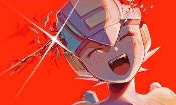 1boy closed_eyes headshot highres m0gaku male_focus mega_man_(series) mega_man_battle_network_(series) megaman.exe open_mouth red_background simple_background smile solo upper_body