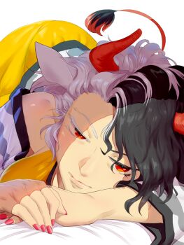 1girl animal_ears black_hair closed_mouth cow_ears cow_girl cow_horns cow_tail fingernails grey_hair half-closed_eyes hand_rest highres horns light_smile lips looking_at_viewer lying medium_hair multicolored_hair nail_polish on_stomach own_hands_together red_eyes red_horns red_nails shinburu simple_background solo split-color_hair tail touhou two-tone_hair ushizaki_urumi white_background