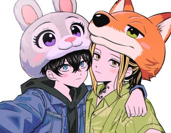 2boys black_hair blonde_hair blue_eyes blush_stickers character_hat commentary_request cosplay earrings green_eyes green_shirt grey_hat hair_between_eyes hanemiya_kazutora hat highres hood hooded_jacket hug jacket jewelry judy_hopps judy_hopps_(cosplay) korean_commentary long_hair long_sleeves male_focus mole mole_under_eye multicolored_hair multiple_boys neck_tattoo nick_wilde nick_wilde_(cosplay) ocolayapap orange_hat purple_eyes shirt short_hair simple_background single_earring smile streaked_hair tattoo tokyo_revengers two-tone_hair upper_body white_background yellow_eyes zootopia