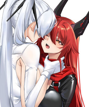 2girls ;o asphyxiation brown_eyes choked cinderella_(nikke) commentary_request gloves goddess_of_victory:_nikke hand_around_neck highres long_hair multiple_girls one_eye_closed open_mouth pinepin ponytail red_hair red_hood_(nikke) red_scarf scarf strangling upper_body very_long_hair white_background white_gloves white_hair yuri