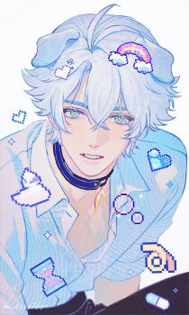 1boy animal_ears black_choker black_pants blue_eyes blue_shirt choker cloud collared_shirt commentary dog_boy dog_ears hair_between_eyes hashtag-only_commentary heart highres honkai:_star_rail honkai_(series) krusier male_focus open_collar pants parted_lips phainon_(honkai:_star_rail) pill pixel_heart rainbow shirt shirt_tucked_in short_hair simple_background solo symbol-only_commentary teeth white_background white_hair