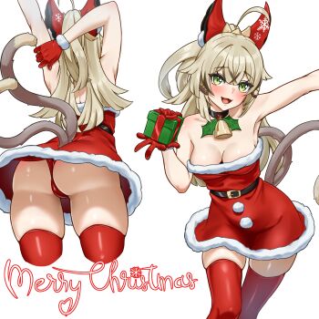 1girl absurdres ahoge alternate_costume ass blush breasts burnt_hair cleavage commentary commission cropped_legs dress english_commentary from_behind fur-trimmed_dress fur-trimmed_gloves fur_trim genshin_impact gift gloves green_eyes grey_tail hair_between_eyes hand_up highres holding holding_gift kirara_(genshin_impact) long_hair looking_at_viewer medium_breasts merry_christmas multiple_tails multiple_views open_mouth outstretched_arm red_dress red_gloves red_thighhighs simple_background strapless strapless_dress stretching tail thighhighs two_tails white_background zancrowkami