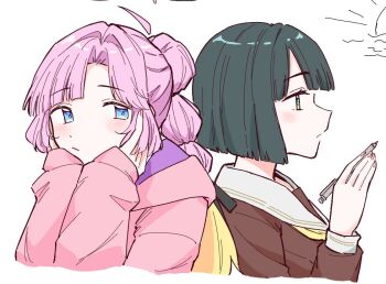 2girls :/ ahoge anyoji_hime black_hair black_ribbon blonde_hair blue_eyes blunt_bangs blunt_ends blush bob_cut brown_dress closed_mouth commentary detached_ahoge dress gradient_hair green_eyes hair_ribbon hands_on_own_cheeks hands_on_own_face hasu_no_sora_school_uniform holding holding_pencil hood hooded_jacket jacket link!_like!_love_live! long_sleeves looking_at_another love_live! mechanical_pencil momose_ginko multi-tied_hair multicolored_hair multiple_girls neckerchief open_mouth paint_chat_(medium) parted_lips pencil pink_hair pink_jacket pink_nails ponytail profile ribbon sailor_collar sailor_dress school_uniform short_hair simple_background sleeves_past_wrists virtual_youtuber white_background white_sailor_collar winter_uniform yellow_neckerchief zangemiya