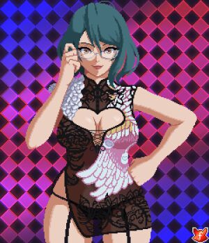 ahoge asymmetrical_hair commission cowboy_shot dead_or_alive dead_or_alive_6 dead_or_alive_xtreme dead_or_alive_xtreme_venus_vacation foxanderart glasses green_eyes green_hair mole mole_under_eye multicolored_hair pixel_art red_streaks streaked_hair tamaki_(doa)