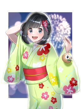 1girl :d alternate_costume black_hair border character_print commentary_request eyelashes fireworks floral_print gen_7_pokemon green_kimono grey_eyes hands_up highres holding holding_string japanese_clothes kamicho_musharu kimono looking_at_viewer medium_hair night nintendo open_mouth outdoors pokemon pokemon_sm pouch red_sash rowlet sash selene_(pokemon) smile solo string teeth tongue white_border yukata
