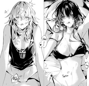 2girls after_kiss bed bite_mark blush bra breasts greyscale hair_between_eyes heavy_breathing highres honkai:_star_rail honkai_(series) kafka_(honkai:_star_rail) kawaikari158578 large_breasts long_hair monochrome multiple_girls speech_bubble stelle_(honkai:_star_rail) suggestive_fluid tank_top thought_bubble trailblazer_(honkai:_star_rail) underwear yuri