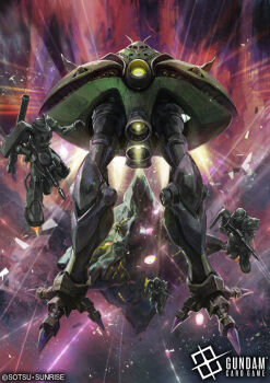 artist_request asteroid battle bazooka_(gundam) beam_cannon big_zam cable copyright_notice debris energy_beam explosion glowing gun gundam gundam_card_game logo machine_gun machinery mecha mecha_focus mobile_armor mobile_suit mobile_suit_gundam nebula one_eyed radio_antenna robot scene_reference science_fiction shield shoulder_spikes solomon_(asteroid) space spikes star_(sky) sunrise_(company) talons thrusters title weapon zaku_ii zeon zero_gravity