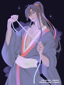 Rule 34 | 1boy, ahoge, bishounen, black background, black eyes, black hair, black hanfu, chinese clothes, collarbone, commentary, cowboy shot, dreamer ameba, hair between eyes, hair ribbon, hanfu, head tilt, high ponytail, highres, holding, holding ribbon, implied yaoi, long hair, long sleeves, looking at viewer, male focus, modao zushi, parted lips, pectoral cleavage, pectorals, ponytail, red ribbon, ribbon, robe, sash, sidelocks, simple background, smile, solo, sparkle, standing, symbol-only commentary, twitter username, wei wuxian, white ribbon, white sash, wide sleeves