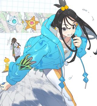 1boy 1girl black_hair blue_hoodie cube_hair_ornament dark-skinned_male dark_skin earclip gen_1_pokemon gen_5_pokemon green_necktie grey_eyes hair_ornament highres himuro_yukichiko holding hood hood_down hoodie jacket leggings lida_(pokemon) long_hair long_sleeves looking_at_viewer naveen_(pokemon) necktie nintendo open_clothes open_jacket open_mouth pants pokemon pokemon_(creature) pokemon_legends:_z-a scraggy shirt smile staryu teeth topknot white_jacket