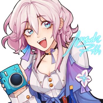 Rule 34 | 1girl, :d, black choker, blue eyes, blue jacket, bra strap, camera, choker, commentary, english commentary, hair between eyes, highres, holding, holding camera, honkai: star rail, honkai (series), jacket, long sleeves, looking at viewer, march 7th (honkai: star rail), march 7th (preservation) (honkai: star rail), multicolored eyes, open mouth, pink hair, purple eyes, rai (raikooa), shirt, short hair, smile, solo, two-tone eyes, upper body, white shirt