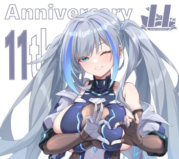 1girl absurdres anniversary aqua_eyes bare_shoulders blue_leotard breasts commentary_request elbow_gloves four-finger_heart_hands gloves heart heart-shaped_boob_challenge heart_hands highres jacket large_breasts lazgear leotard long_hair looking_at_viewer mitscher_(warship_girls_r) official_artist_extra one_eye_closed short_sleeves sideboob simple_background smile solo twintails upper_body very_long_hair warship_girls_r white_background