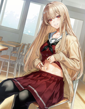 1girl abe-chan belly_grab black_pantyhose blonde_hair blush breasts cardigan chair classroom clothes_lift desk furen_e_lustario furen_e_lustario_(school_uniform) grabbing_own_stomach hair_intakes head_tilt highres large_breasts lifting_own_clothes long_hair long_sleeves looking_at_viewer miniskirt navel nijisanji official_alternate_hairstyle open_cardigan open_clothes pantyhose parted_lips pleated_skirt red_eyes red_serafuku red_shirt red_skirt sailor_collar school_chair school_desk school_uniform serafuku shirt shirt_lift sitting skirt sleeves_past_wrists smile solo stomach straight_hair very_long_hair virtual_youtuber white_sailor_collar window yellow_cardigan
