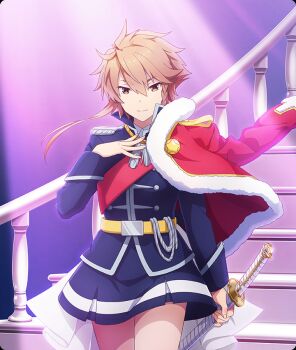 Rule 34 | 1girl, belt, blue jacket, blue skirt, closed mouth, cosplay, cowboy shot, dot nose, epaulettes, fur-trimmed jacket, fur trim, game cg, hand on own chest, holding, holding sword, holding weapon, jacket, jacket on shoulders, katana, light rays, long sleeves, looking at viewer, official art, orange eyes, orange hair, railing, red jacket, red pupils, red sash, saijou claudine, saijou claudine (cosplay), sash, sheath, sheathed, shidou maki (toji no miko), shoujo kageki revue starlight, skirt, smile, solo, stairs, star (symbol), sword, third-party source, toji no miko, toji no miko: kizamishi issen no tomoshibi, weapon, yellow belt